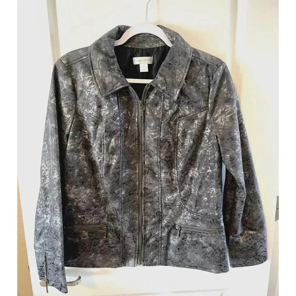 Christopher & Banks Size M Faux suede Jacket Blazer Textured Gray/Silver zip